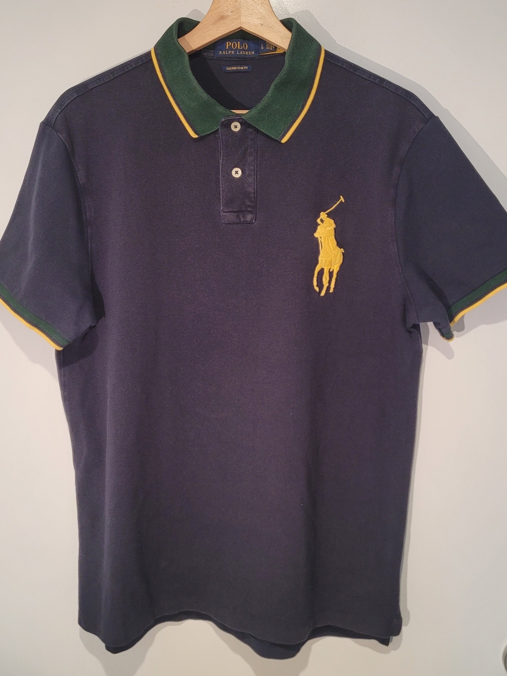 Polo by Ralph Lauren Navy Short-Sleeve Polo Yellow Logo Large "Custom Slim Fit"
